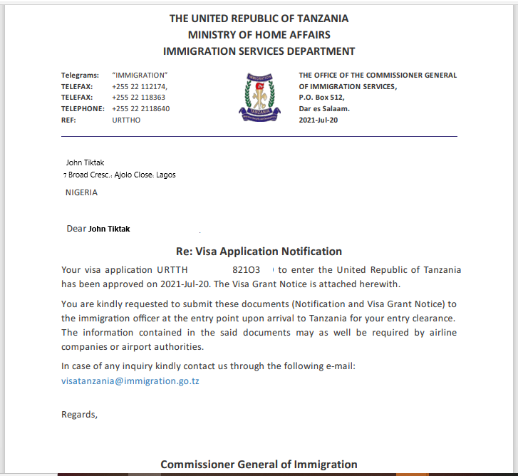 Tanzania Visa Approval Letter